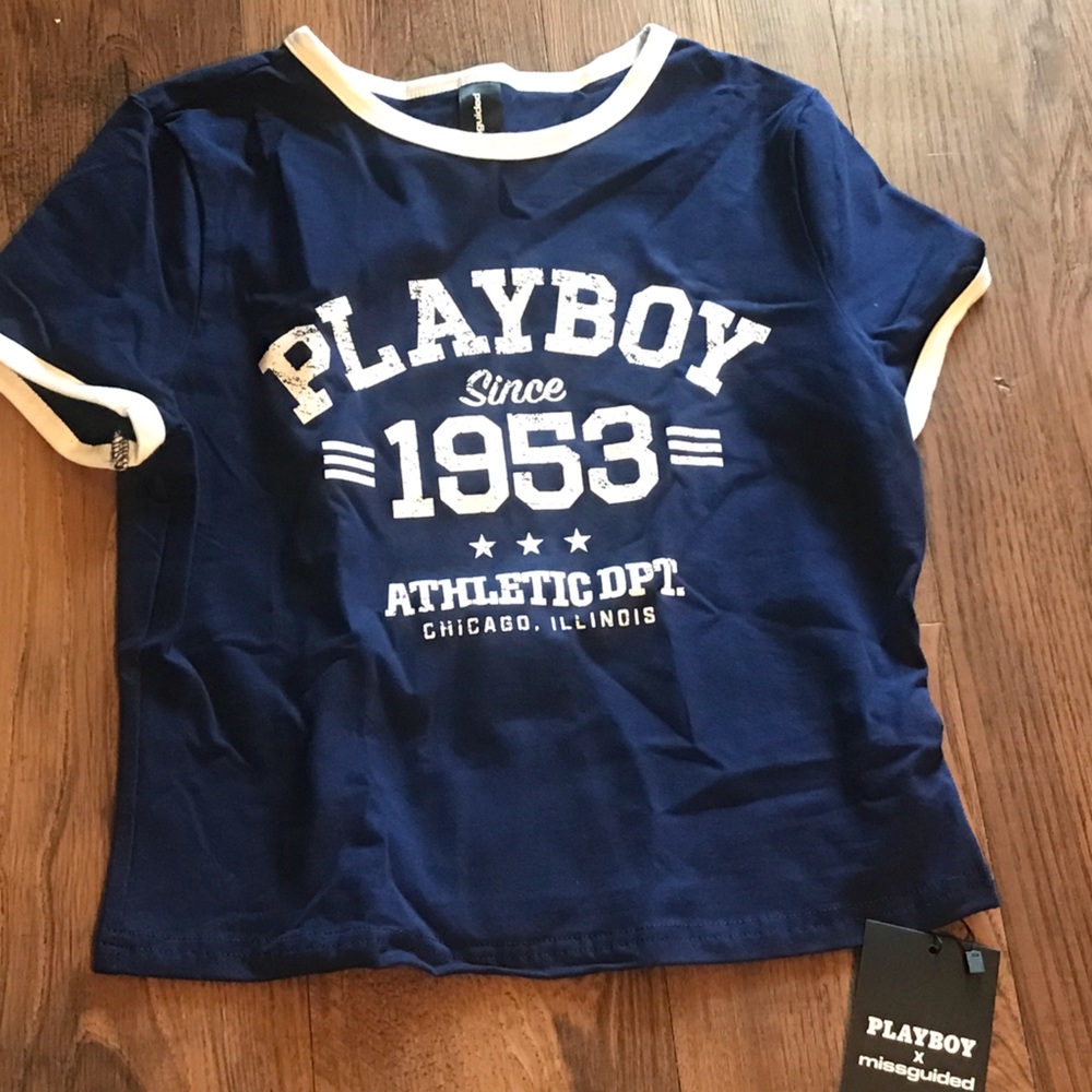 NWT Playboy Adult small juniors Large Iconic Logo Tee with White Trim